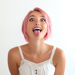 Wall Mural - A young woman with pink hair sticks out her tongue and makes a funny face.