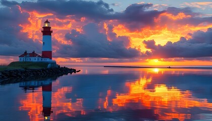 Wall Mural - Serene sunset view of a lighthouse with dramatic clouds and vibrant reflections on a calm ocean