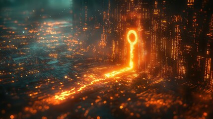 golden key unlocking holographic financial chart ethereal light trails abstract digital landscape futuristic cityscape backdrop glowing market data streams