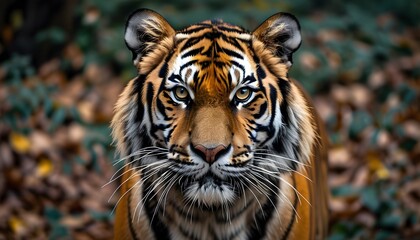 Intense gaze of a tiger amidst a serene field of leaves, capturing the beauty of nature and the power of wildlife.