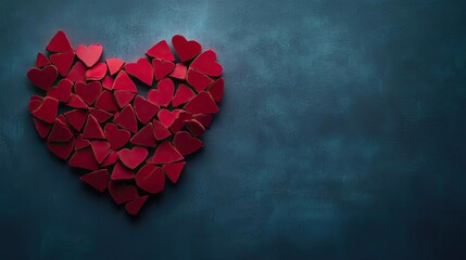 A vibrant red heart made of small heart shapes, symbolizing love and affection on a blue textured background.