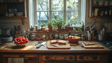 Rustic Kitchen Countertop with Bread and Tomatoes