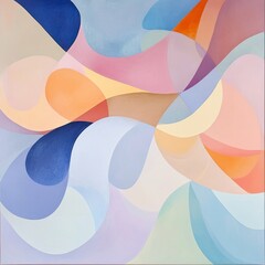 Wall Mural - Abstract painting with flowing, colorful shapes in shades of blue, pink, and yellow.