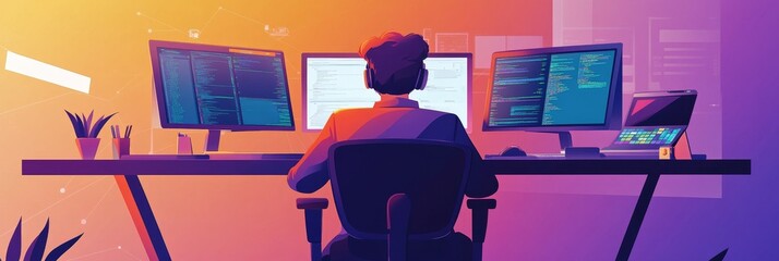 A cartoon illustration depicting an IT specialist working at a desk, with multiple monitors displaying code and a laptop, symbolizing technology, expertise, problem-solving, dedication, and digital in