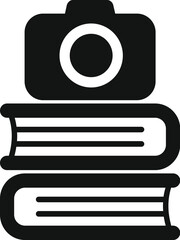 Fototapete - Black and white vector icon of a camera standing on a stack of books, representing the concept of visual learning