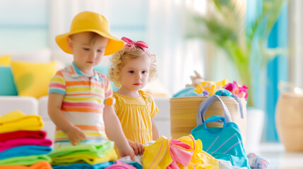 Two young children organize vibrant vacation clothes on a sunny day, surrounded by cheerful decor in a light-filled room, showcasing their playful spirit