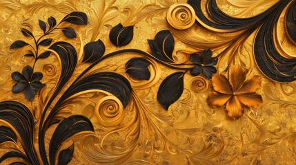 Wall Mural - Golden Floral Pattern with Black Accents   Abstract Art Deco Background