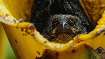 Poster -  A tight shot of a banana with a small animal nestled in its center, appearing as if it peeks from its facial cavity