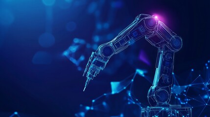 Industrial robotic arms create AI a chip or a semiconductor on a dark blue background. Robot and AI chip. Abstract technology bg. Artificial Intelligence concept. Low poly digital vector illustration