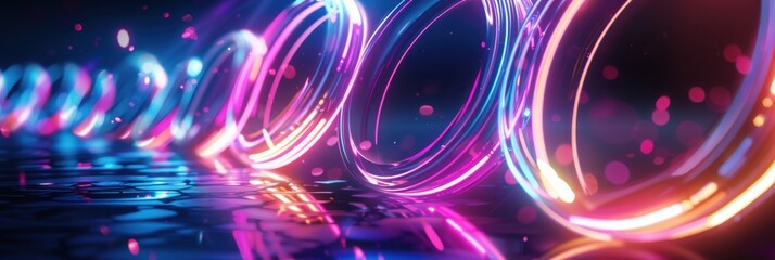 Neon rings emitting vibrant blue, pink, and purple lights create a futuristic, dynamic atmosphere. The glowing rings reflect on the floor, adding depth and energy to the scene