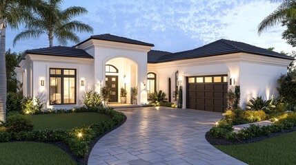 Canvas Print - Modern White House with Palm Trees and Stone Pathway