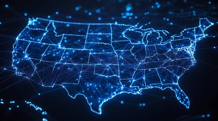 glowing map of usa on dark blue background.
