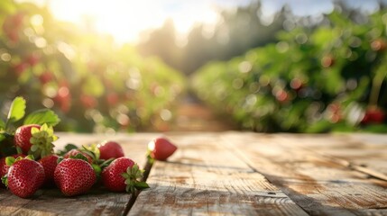 Poster - Blurry Strawberry Farm Background with Wooden Tabletop for Product Display or Design Visuals