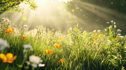 A sunlit meadow with various plants, depicting the base of the food web as producers capture solar energy