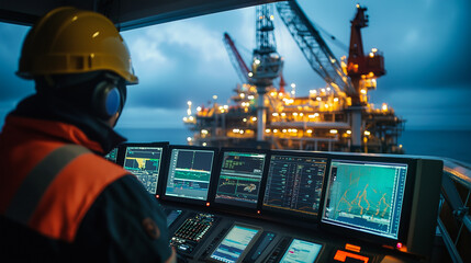 A worker monitors offshore oil rig operations at dusk, showcasing advanced technology and safety measures in the industry.