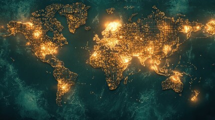 Glowing World Map with City Lights and Urban Grid