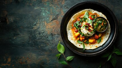 Appam with vegetable stew, a traditional South Indian breakfast. Top view with copy space.