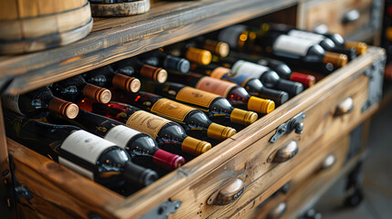 Numerous wine bottles are neatly arranged inside a vintage wooden crate, showcasing a classic and sophisticated ambiance