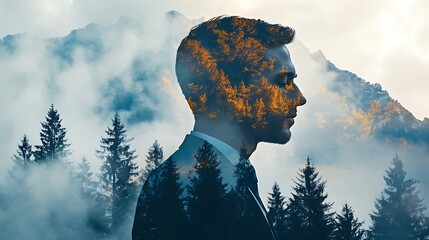 Double exposure portrait of a man in the mountains.