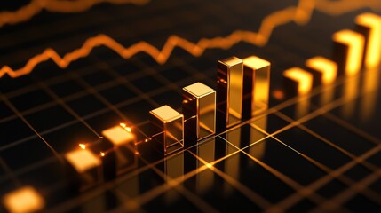 Poster - 3D representation of a gold price chart with reflective golden bars and rising trend lines, symbolizing market growth and investment potential.