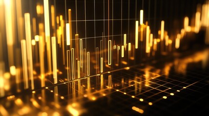 Poster - 3D representation of a gold price chart with reflective golden bars and rising trend lines, symbolizing market growth and investment potential.