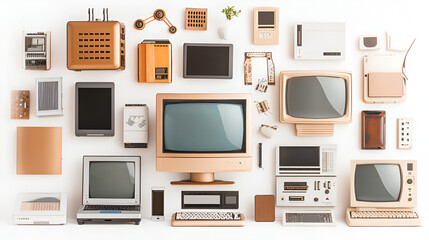 
Old computers, digital tablets, mobile phones, many used electronic gadgets devices, broken household and appliances on white background. Planned obsolescence, electronic waste for recycling concept