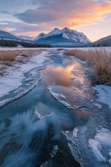 Wall Mural - a half-frozen icy river leading to mountains at the far end