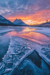 Wall Mural - a half-frozen icy river leading to mountains at the far end