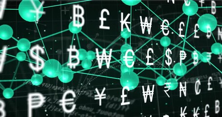 Poster - currency symbols and network connections animation over financial data background