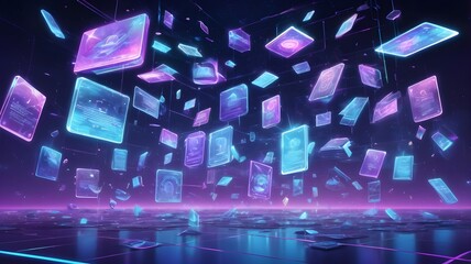 Poster - Futuristic Neon Digital Data Floating in Cyberspace