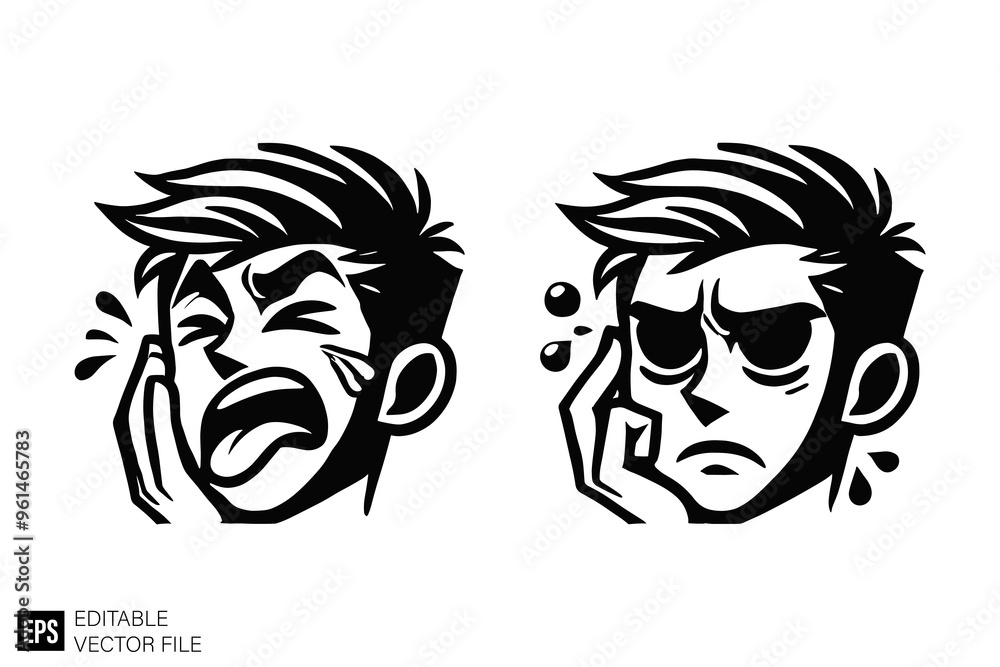 set of expression cartoon boy face illustration raphic design black and ...