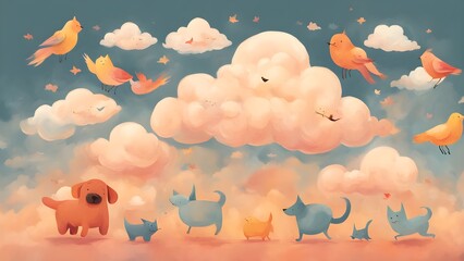 Cute Cartoon Animals Flying in a Dreamy Sky with Clouds