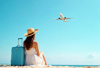 Woman sitting on the beach with a suitcase, watching an airplane flying overhead. Travel and vacation concept. High quality photo