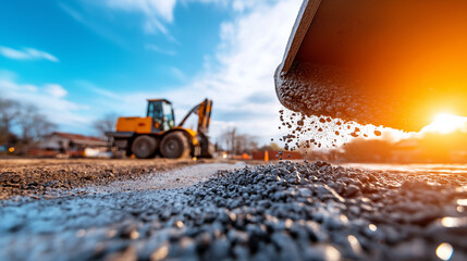 Close-up of freshly mixed concrete being poured from a truck into a road repair site, with construction equipment in the background.