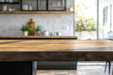 Poster - Rustic wooden kitchen table with blurred background of a modern kitchen interior. Home decor and kitchen interior concept. High quality photo