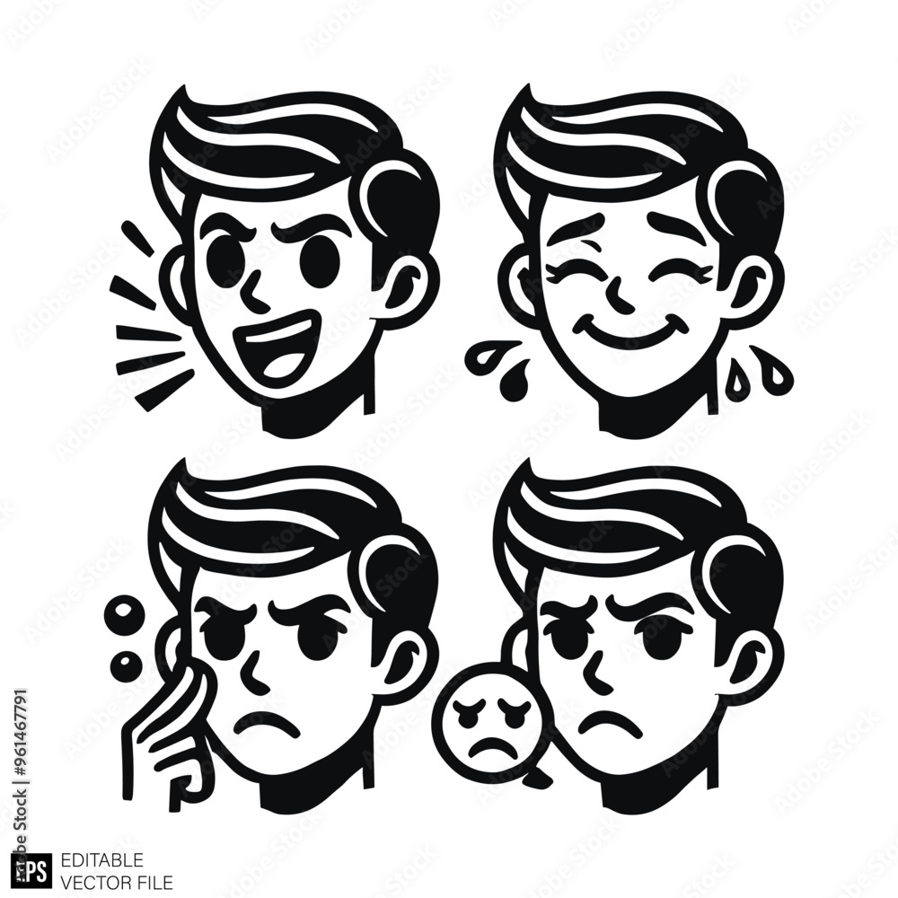 set of expression cartoon boy face illustration raphic design black and ...