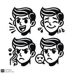 Wall Mural - set of expression cartoon boy face illustration raphic design black and white vector clip art silhouette