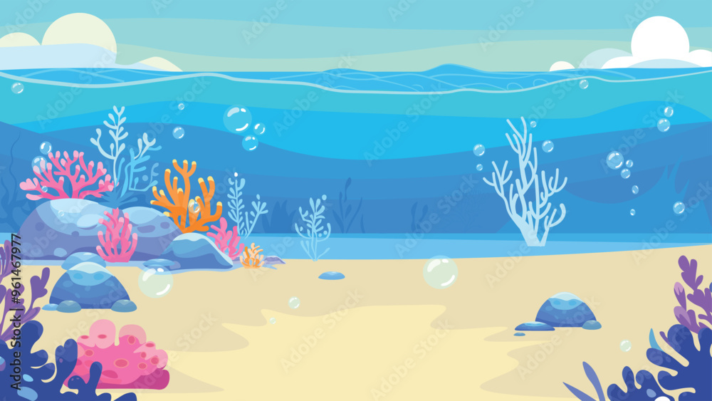 Underwater cartoon background. Undersea with corals and seaweed, sea ...