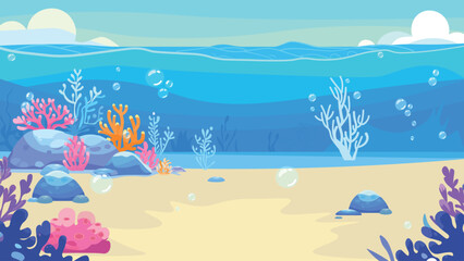 Underwater cartoon background. Undersea with corals and seaweed, sea bottom, seabed vector illustration flat design solid colors