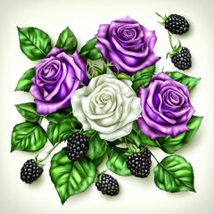 Wall Mural - Flowers with roses, peonies, eucalyptus and blackberries in a watercolor bouquet.