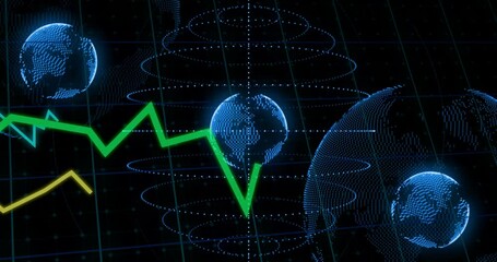 Canvas Print - Green financial graph over digital animation of Earth and data points