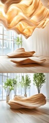 Sticker - Wooden Wave Ceiling and Furniture in Minimalist Interior Design