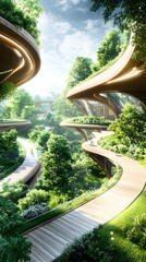 Poster - Futuristic Eco-Friendly Cityscape with Wooden Walkways and Lush Greenery.