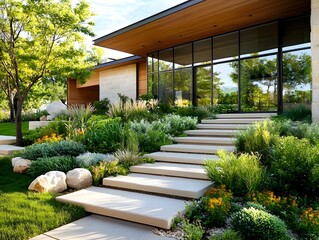 Sticker - Modern Home Exterior with Stone Steps and Lush Landscaping.