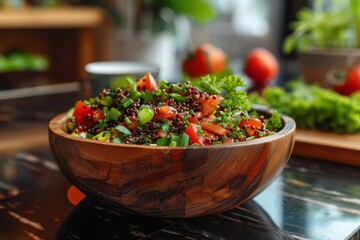 Fresh vegan salad with quinoa, tomato, avocado, and herbs in a wooden bowl. Healthy food concept.