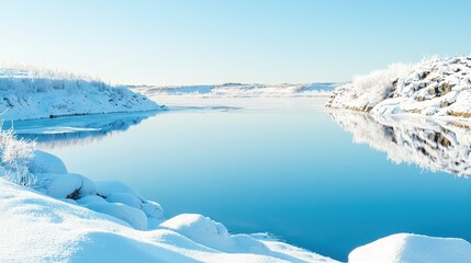 Poster - Winter Landscape with Snowy Shore and Frozen Lake