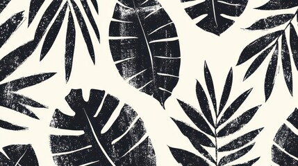 Wall Mural - Tropical Leaf Pattern  Black and White  Grunge Texture