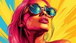 © Raitalinn - A vibrant pop art illustration depicts a woman with pink hair and sunglasses, bursting with colorful flair.