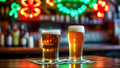 Neon-lit bar scene featuring a mug of ale on the table, celebrating St. Patricks Day with vibrant colors and festive atmosphere.