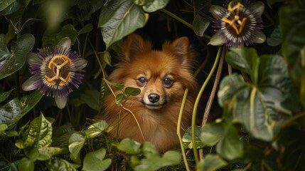  A tight shot of a dog amidst a sea of leaves and blooms in a field, with a solitary flower at the image's center